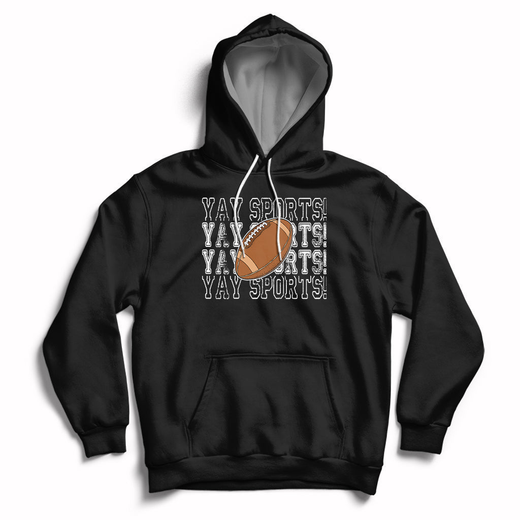 Sports football hoodie in black with varsity-style text, football graphic, and front pocket.