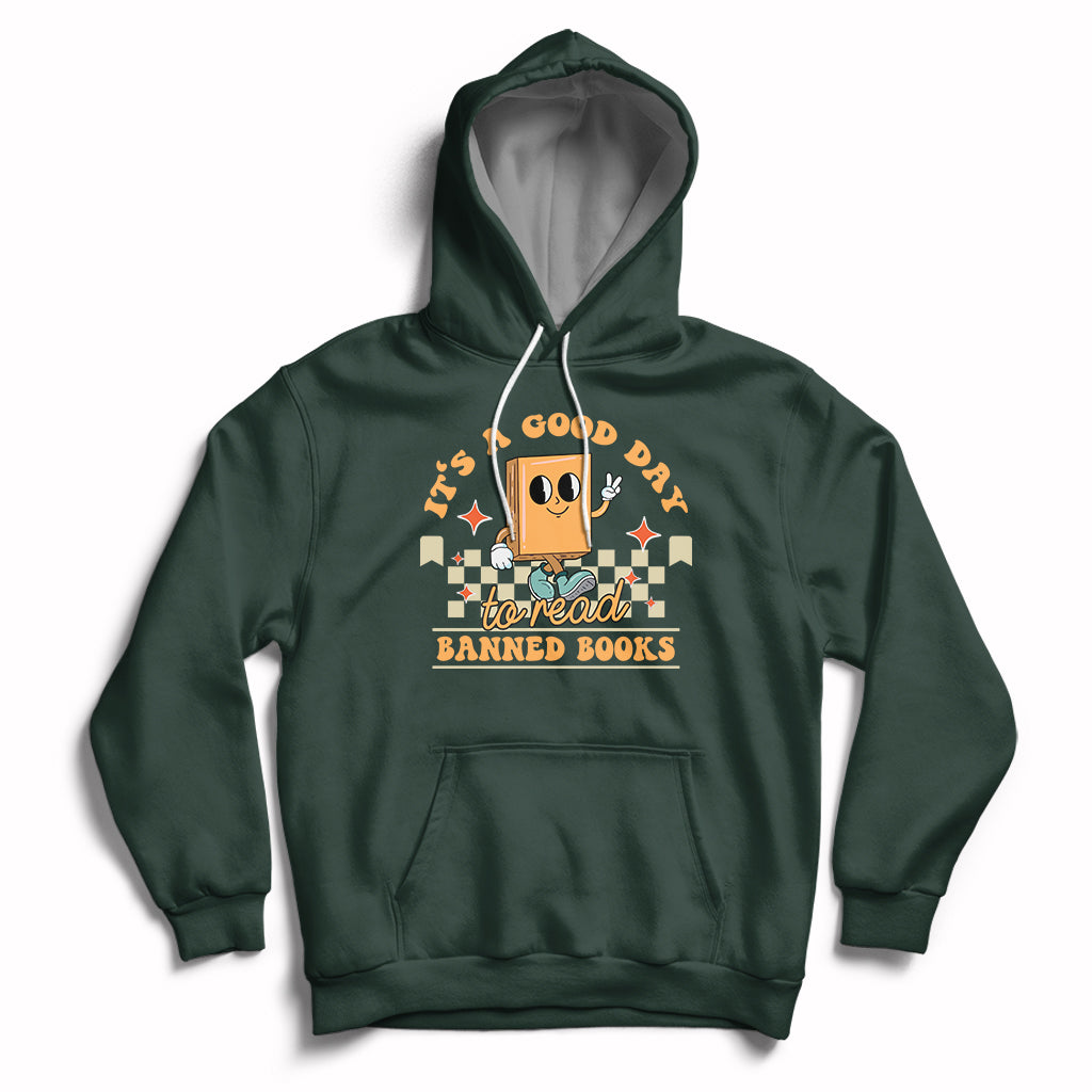 Forest green hoodie with front kangaroo pocket and “Banned Books” reading-themed graphic.