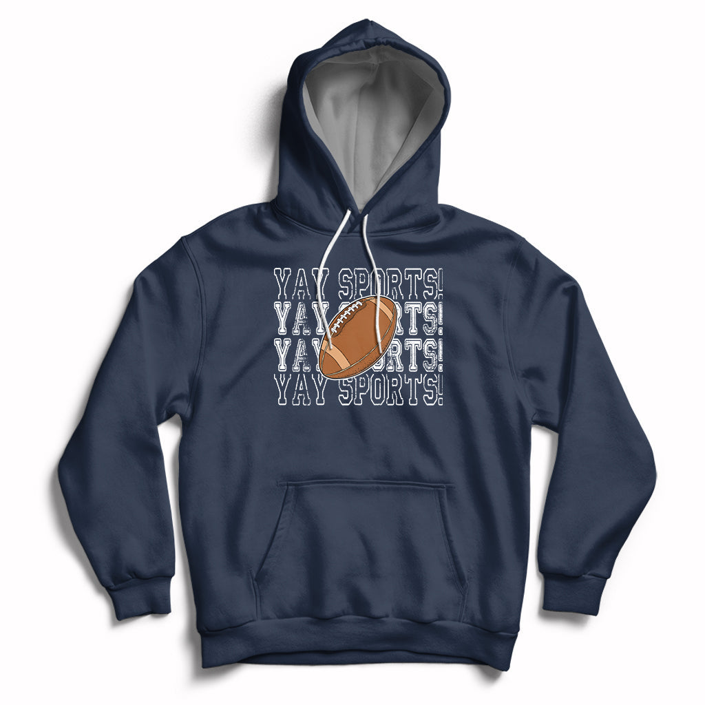 Sports football hoodie in navy with varsity-style text, football graphic, and front pocket.