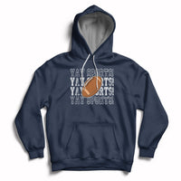 Sports football hoodie in navy with varsity-style text, football graphic, and front pocket.
