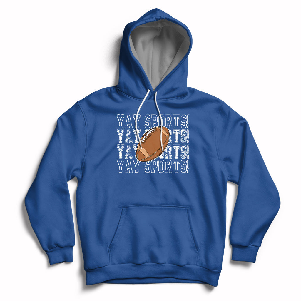 Sports football hoodie in royal blue with varsity-style text, football graphic, and front pocket.