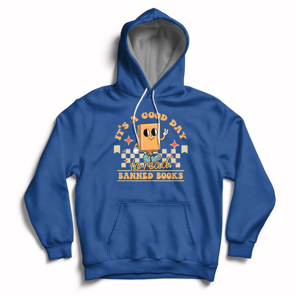 Royal blue hoodie with front kangaroo pocket and “Banned Books” reading-themed graphic.