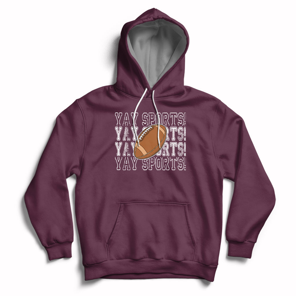 Sports football hoodie in maroon with varsity-style text, football graphic, and front pocket.