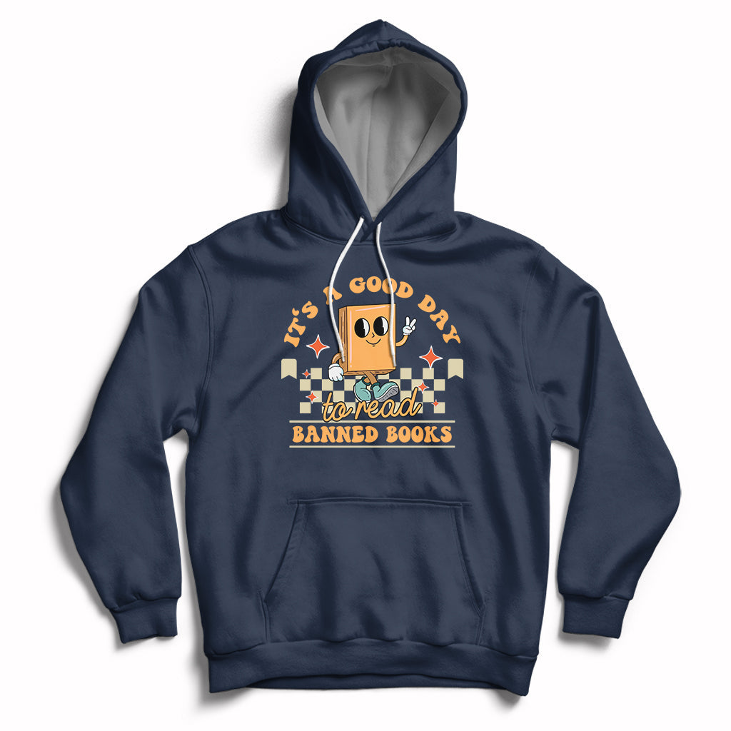 Navy hoodie with front kangaroo pocket and “Banned Books” reading-themed graphic.
