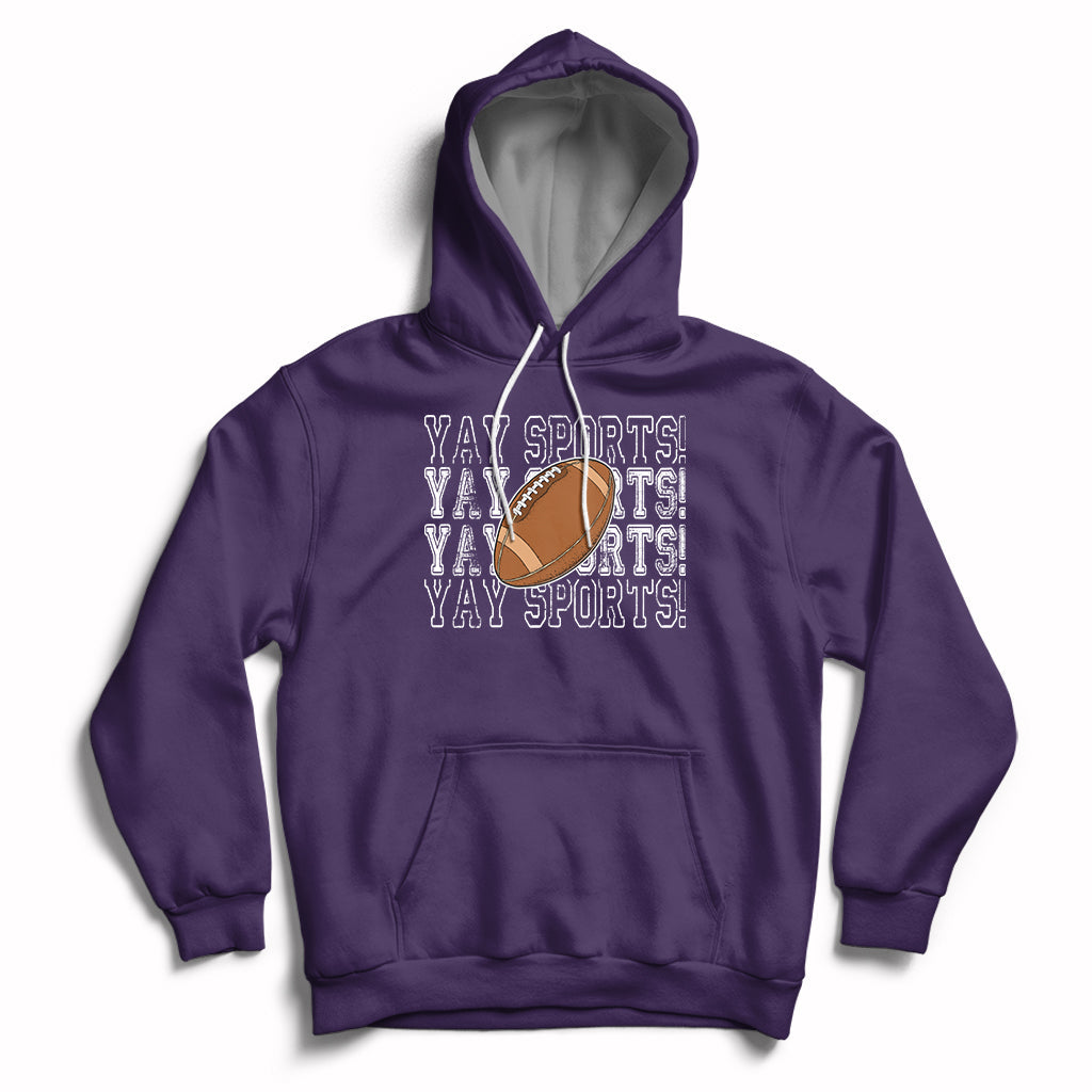 Sports football hoodie in purple with varsity-style text, football graphic, and front pocket.