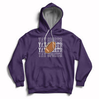Sports football hoodie in purple with varsity-style text, football graphic, and front pocket.