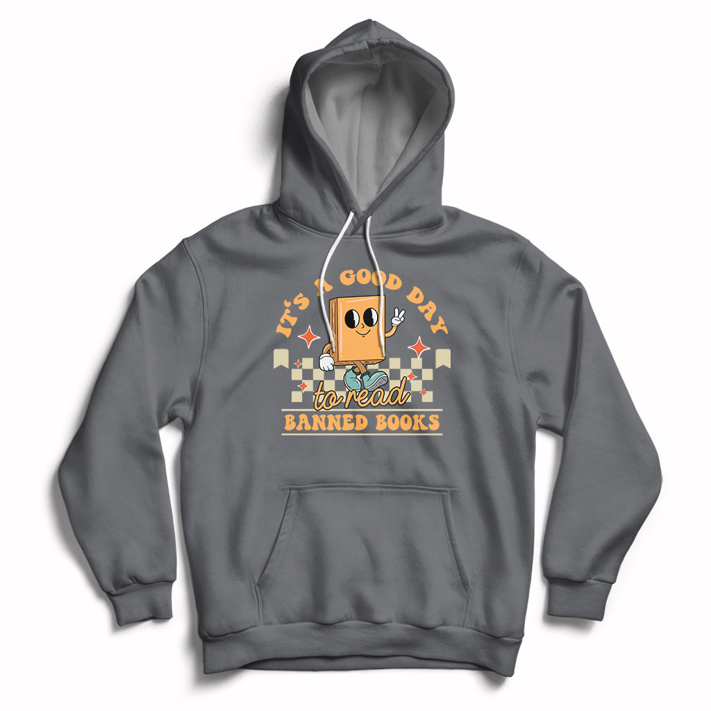 Charcoal gray hoodie with front kangaroo pocket and “Banned Books” reading-themed graphic.