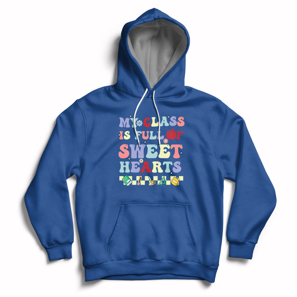 Royal blue pullover hoodie with colorful Valentine heart text graphic, kangaroo pocket