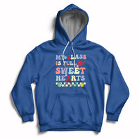 Royal blue pullover hoodie with colorful Valentine heart text graphic, kangaroo pocket