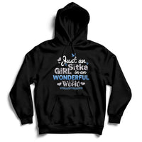 Black hoodie with front pocket and printed “Just an Girl in an Wonderful World” graphic