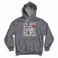 Charcoal gray pullover hoodie with colorful Valentine heart text graphic, kangaroo pocket