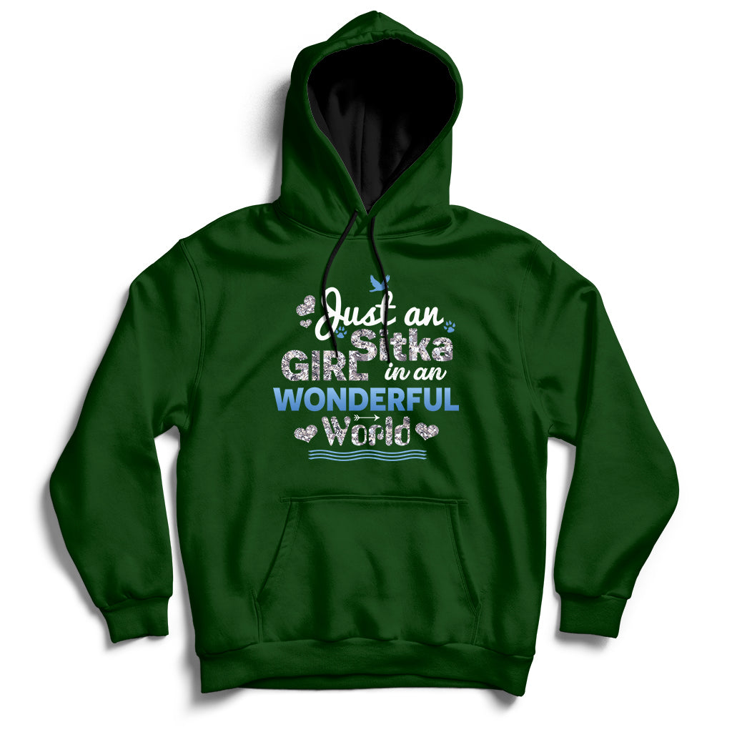 Forest green hoodie with front pocket and “Just an Girl in an Wonderful World” printed graphic