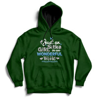 Forest green hoodie with front pocket and “Just an Girl in an Wonderful World” printed graphic