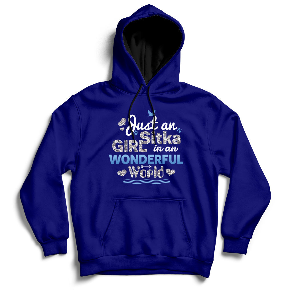 Navy hoodie with front pocket and “Just an Girl in an Wonderful World” printed graphic