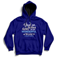 Navy hoodie with front pocket and “Just an Girl in an Wonderful World” printed graphic