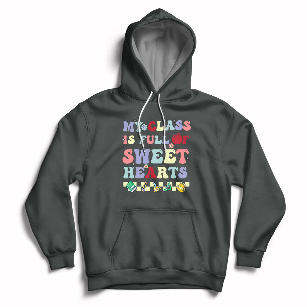 Dark heather pullover hoodie with colorful Valentine heart text graphic, kangaroo pocket