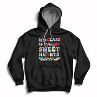 Black pullover hoodie with colorful Valentine heart text graphic, kangaroo pocket