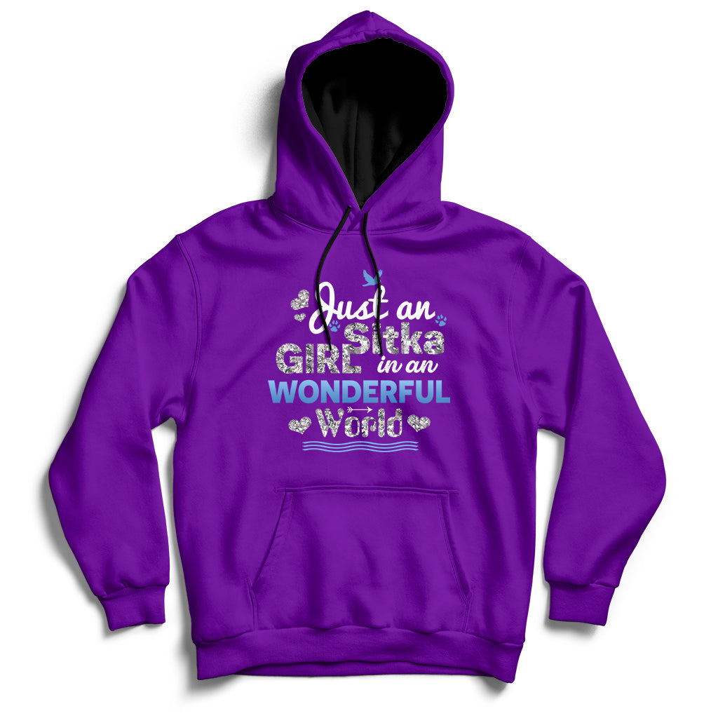 Purple hoodie with front pocket and “Just an Girl in an Wonderful World” printed graphic