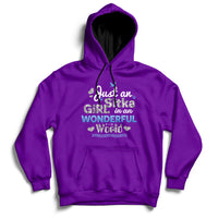 Purple hoodie with front pocket and “Just an Girl in an Wonderful World” printed graphic