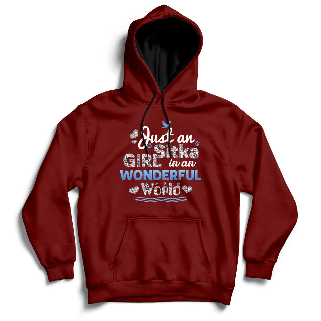 Maroon hoodie with front pocket and “Just an Girl in an Wonderful World” printed graphic