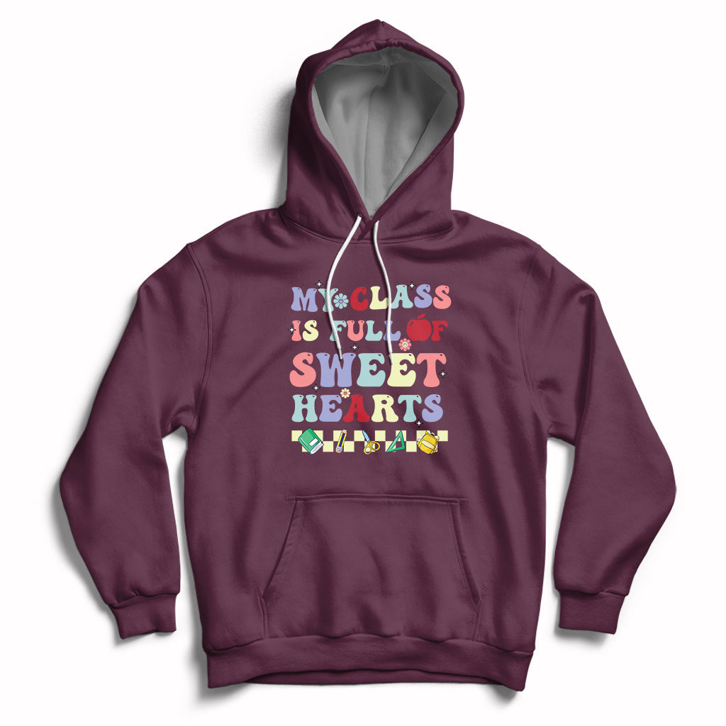 Maroon pullover hoodie with colorful Valentine heart text graphic, kangaroo pocket