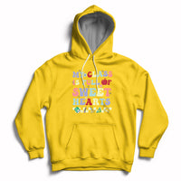 Daisy yellow pullover hoodie with colorful Valentine heart text graphic, kangaroo pocket