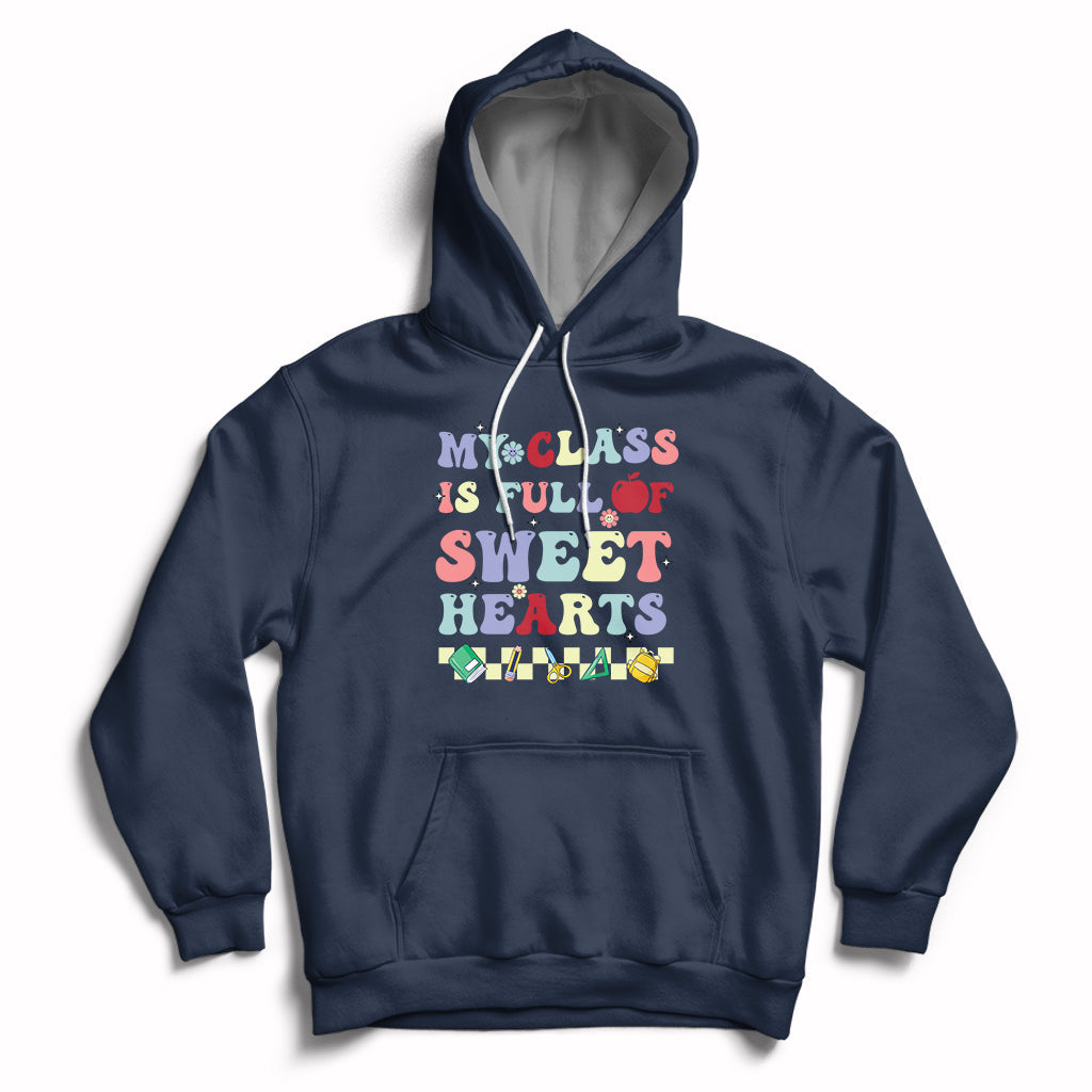 Navy pullover hoodie with colorful Valentine heart text graphic, kangaroo pocket