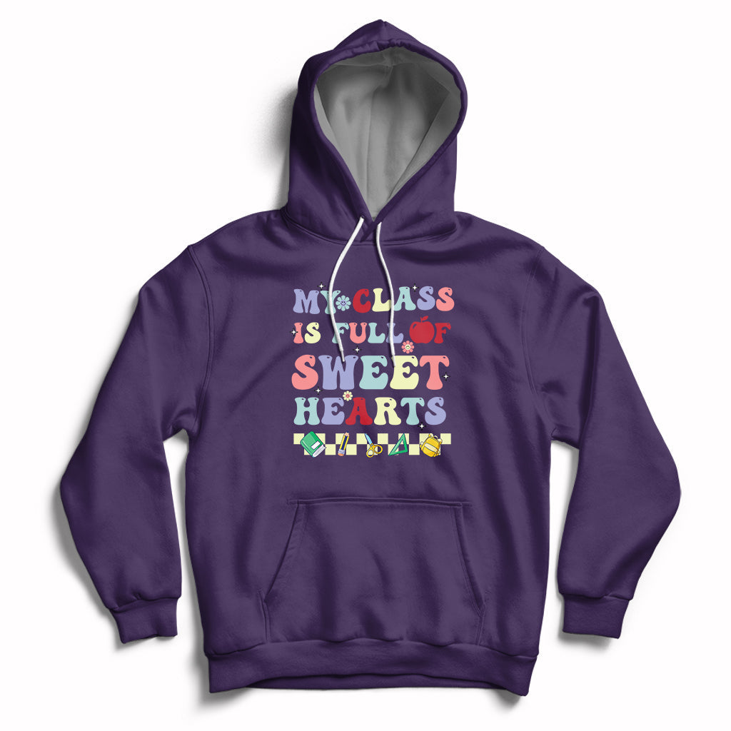 Purple pullover hoodie with colorful Valentine heart text graphic, kangaroo pocket