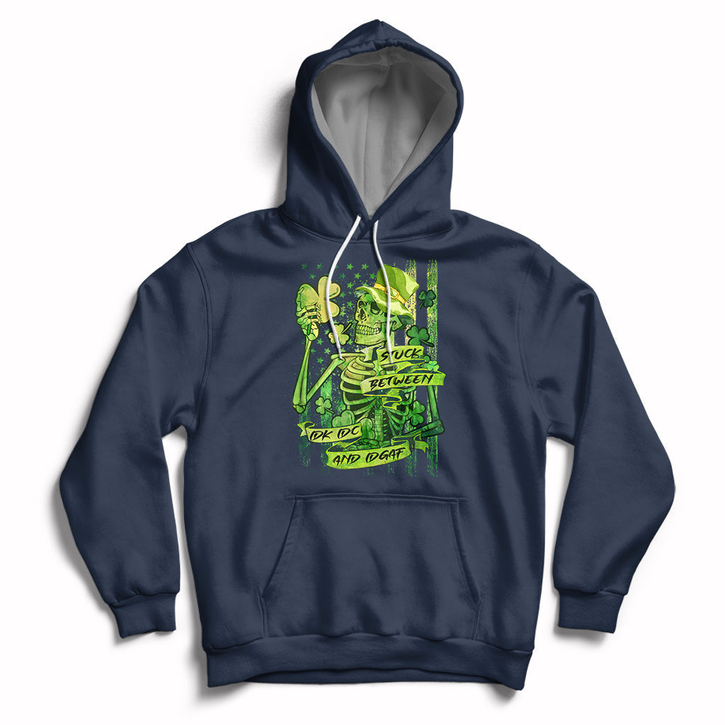 Stuck Between IDK IDC And IDGAF St Patrick's Day Green Flag Skull Skeleton Hoodie - Wonder Print Shop