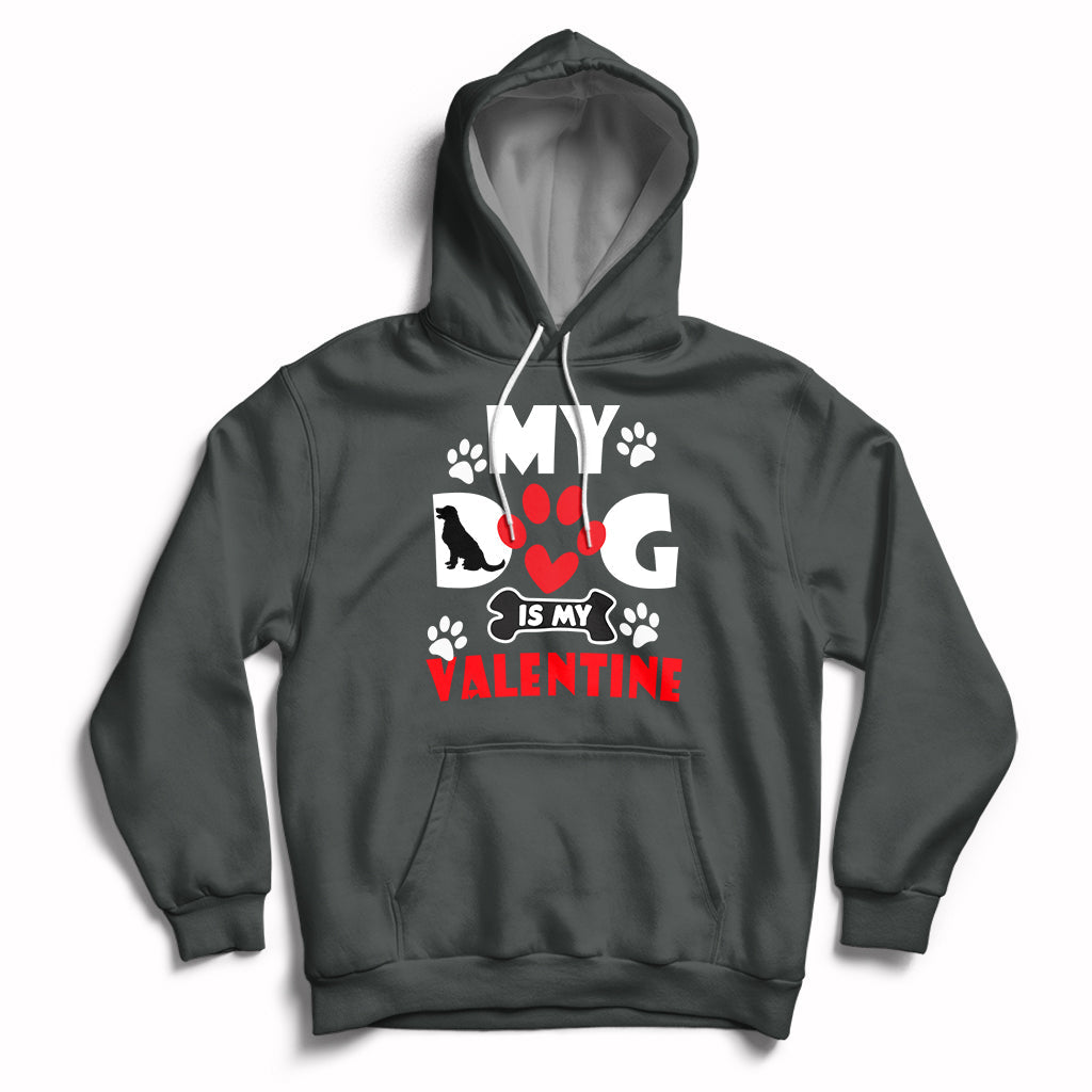 Dark gray dog lover Valentine hoodie with heart paw graphic and chest logo print