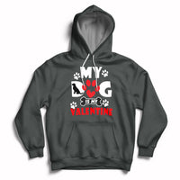 Dark gray dog lover Valentine hoodie with heart paw graphic and chest logo print