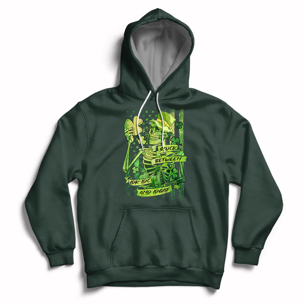 Stuck Between IDK IDC And IDGAF St Patrick's Day Green Flag Skull Skeleton Hoodie - Wonder Print Shop