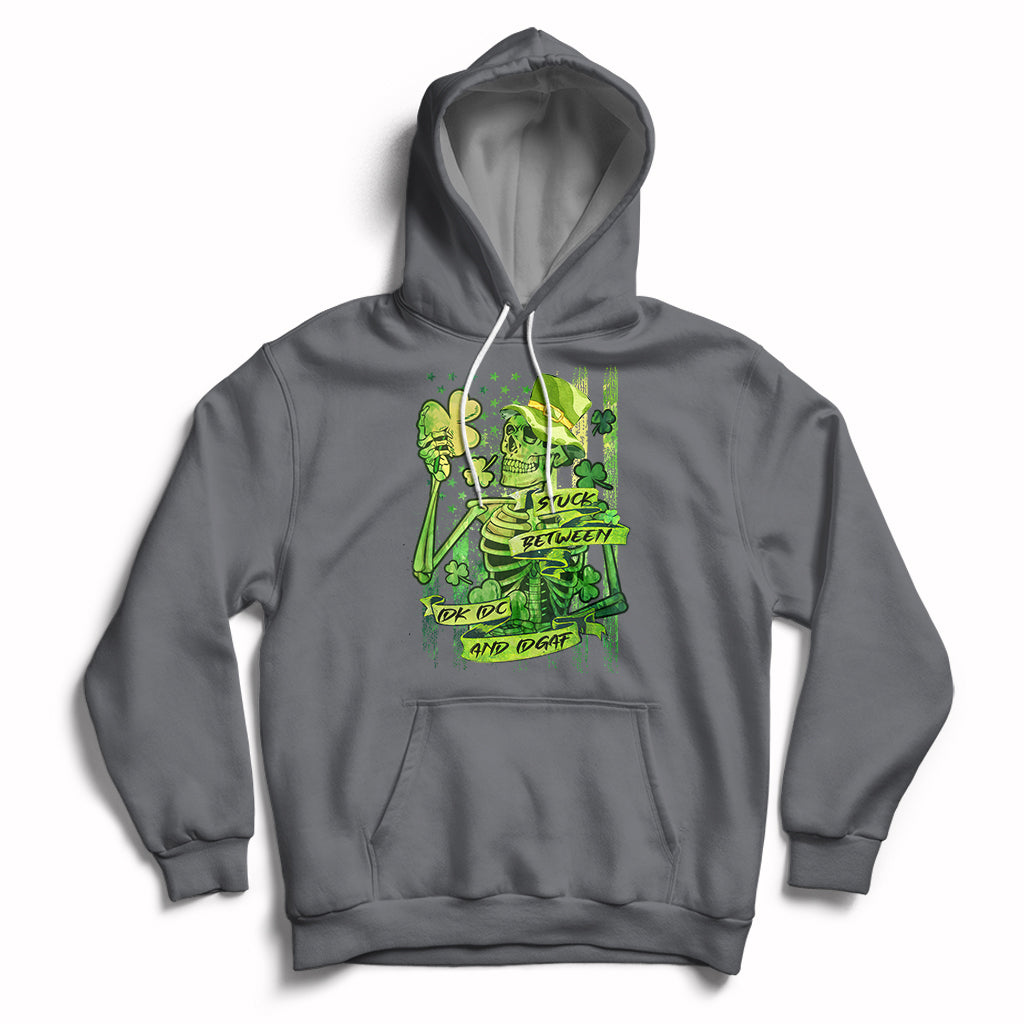 Stuck Between IDK IDC And IDGAF St Patrick's Day Green Flag Skull Skeleton Hoodie - Wonder Print Shop