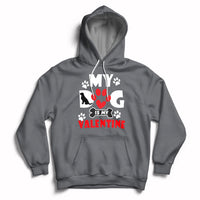 Charcoal dog lover Valentine hoodie with heart paw graphic and chest logo print