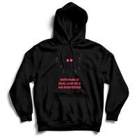 Black pullover hoodie with red Mothman face graphic and front text, kangaroo pocket