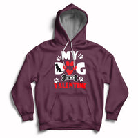 Maroon dog lover Valentine hoodie with heart paw graphic and chest logo print
