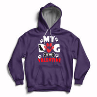 Purple dog lover Valentine hoodie with heart paw graphic and chest logo print