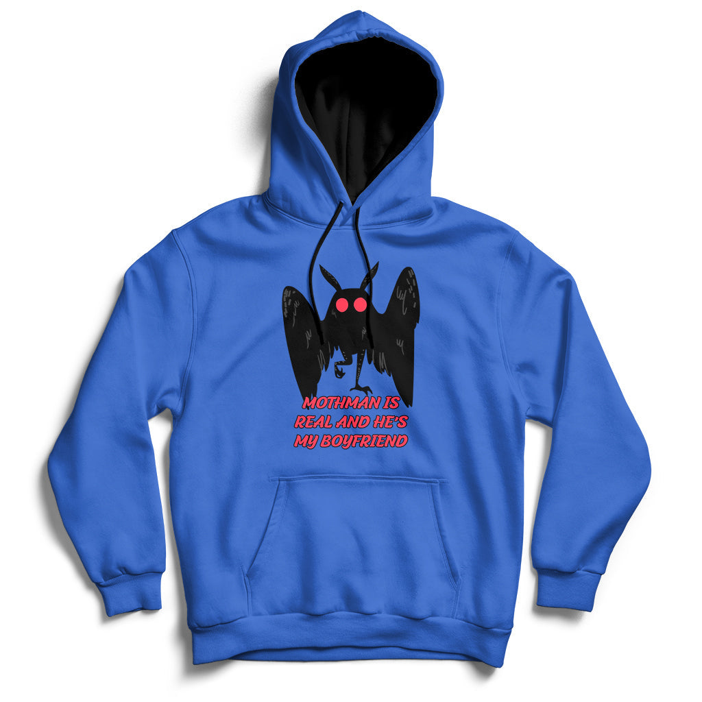 Royal blue pullover hoodie with black-and-red Mothman face graphic and front text