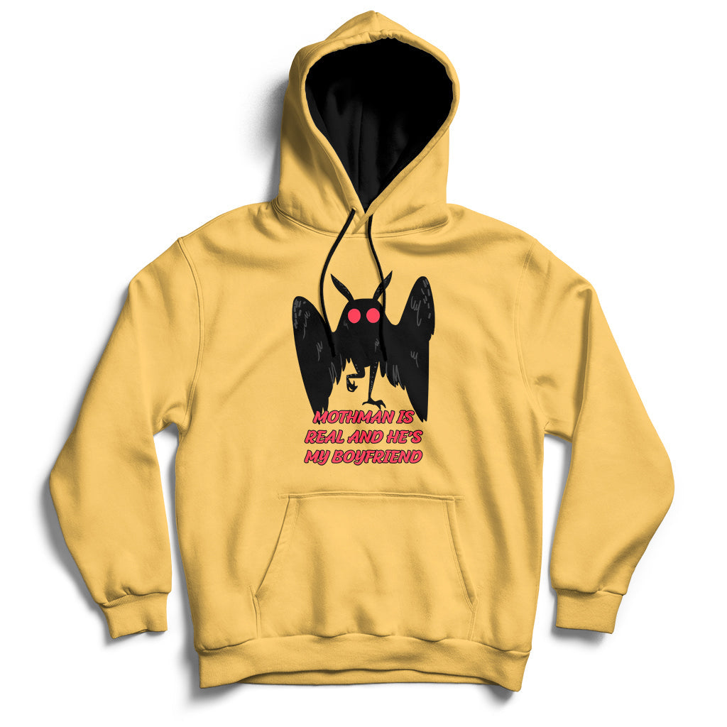 Yellow pullover hoodie with black and red Mothman face graphic and front text