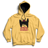 Yellow pullover hoodie with black and red Mothman face graphic and front text