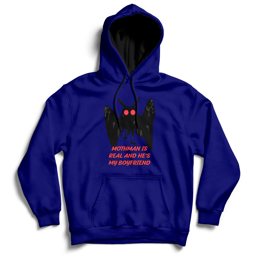 Dark blue pullover hoodie with black-and-red Mothman face graphic and front text