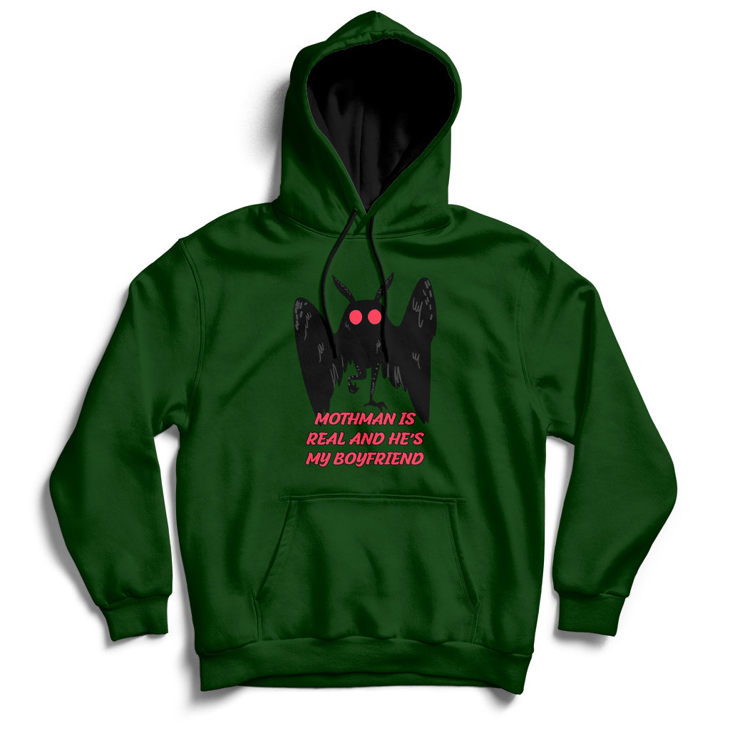 Forest green pullover hoodie with black-and-red Mothman face graphic and front text