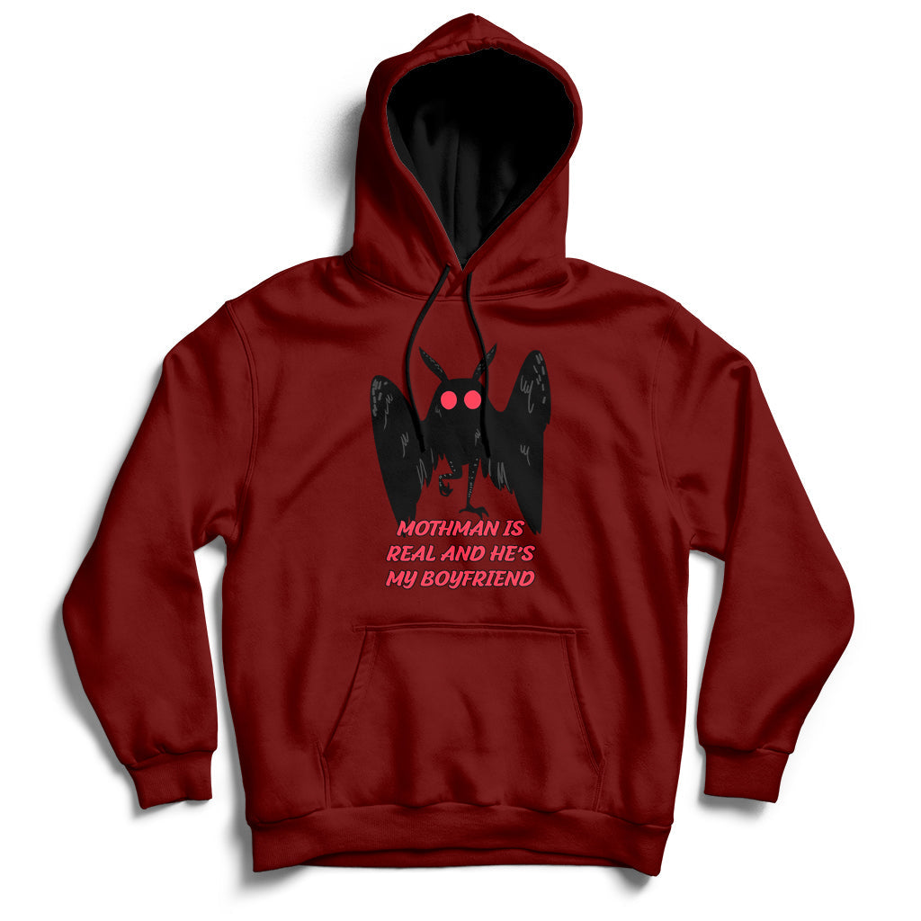 Burgundy pullover hoodie with black-and-red Mothman face graphic and front text