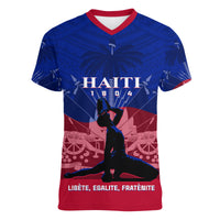 Haiti Women V Neck T Shirt Negre Marron With Coat Of Arms Polynesian Style - Wonder Print Shop