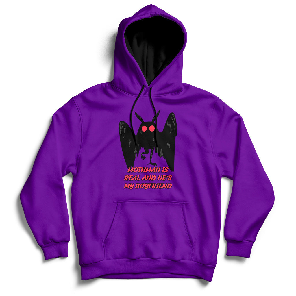 Purple pullover hoodie with black-and-red Mothman face graphic and front text