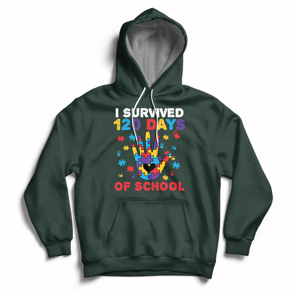 Forest green pullover hoodie with colorful puzzle heart graphic and “I Survived 120 Days of School” text