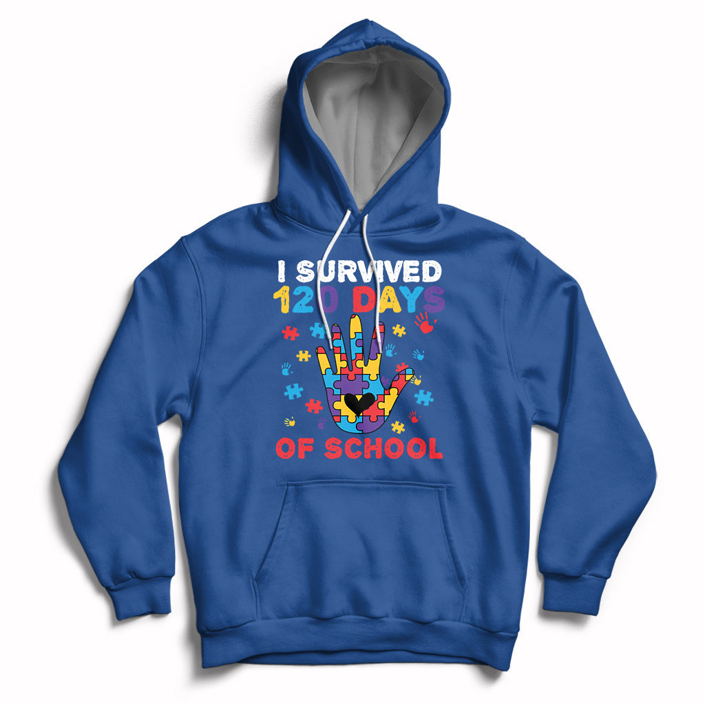 Royal blue pullover hoodie with colorful puzzle heart graphic and “I Survived 120 Days of School” text