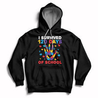 Black pullover hoodie with colorful puzzle heart graphic and “I Survived 120 Days of School” text