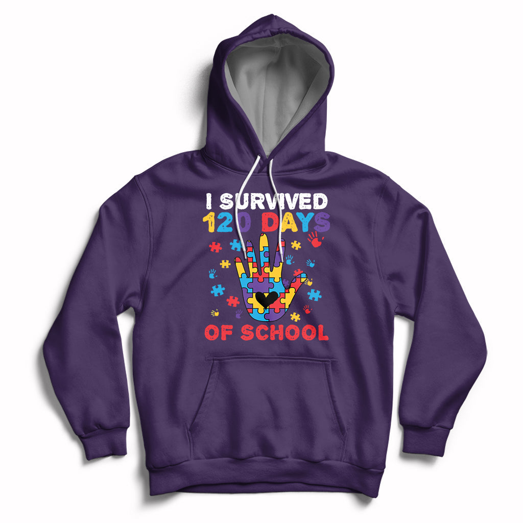 Purple pullover hoodie with colorful puzzle heart graphic and “I Survived 120 Days of School” text