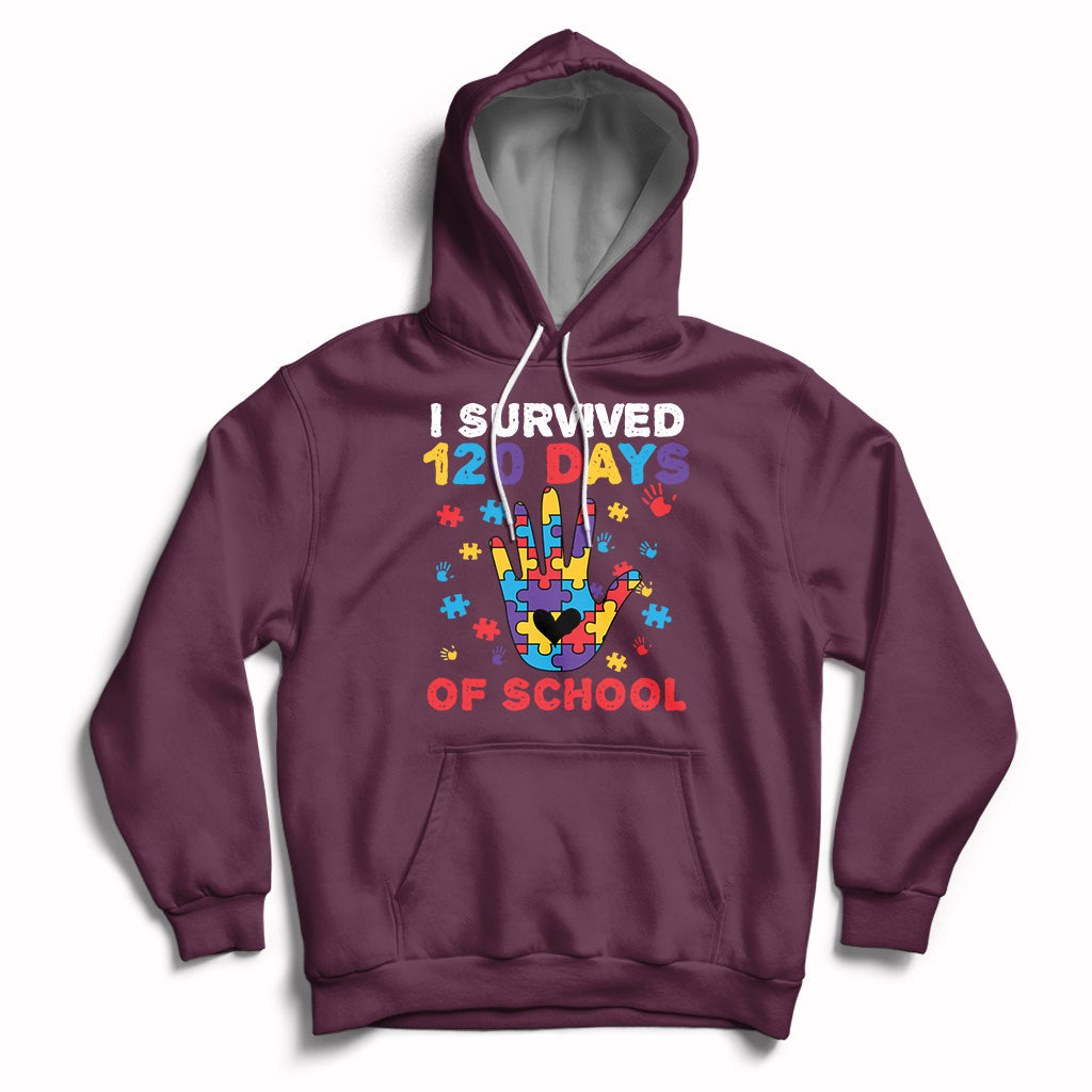 Maroon pullover hoodie with colorful puzzle heart graphic and “I Survived 120 Days of School” text